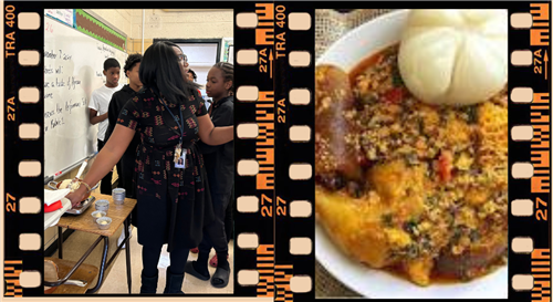 Dr O serving students plantain, beef stew, pounded yam (fufu), egusi, and puff puff.